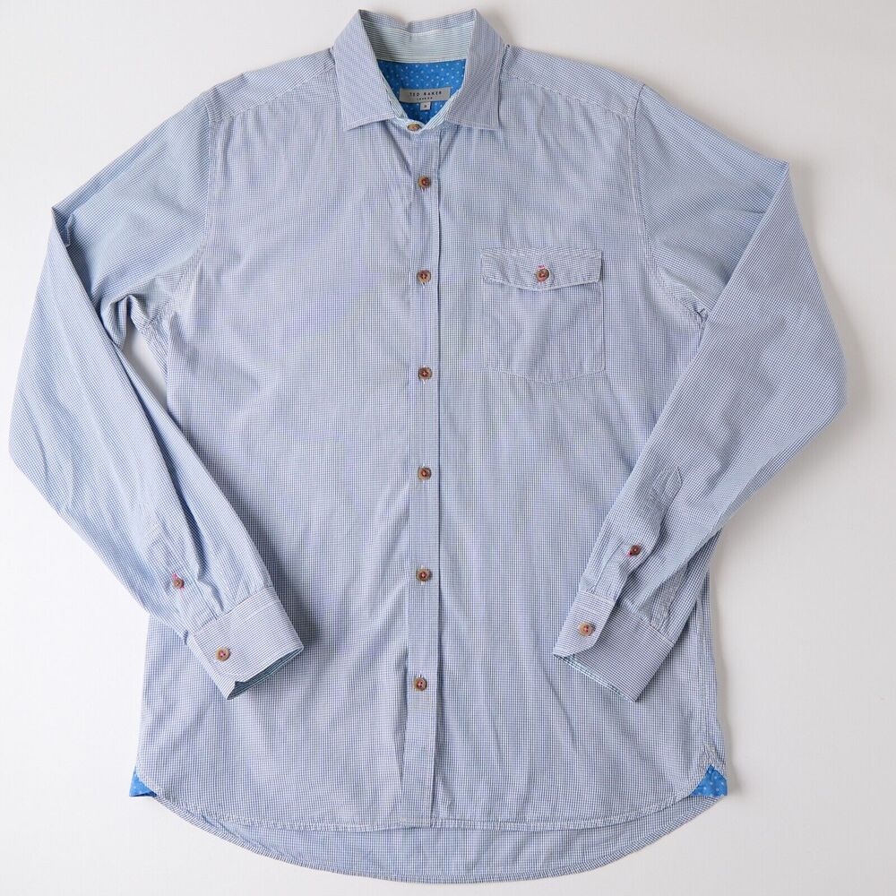 Ted Baker Shirt Mens M blue Plaid Cotton Long Sleeve Button-Up *yellowing
